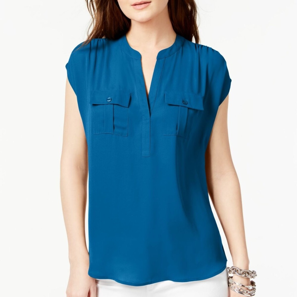 INC Womens Split Neck Utility Shirt Cobalt Blue XL